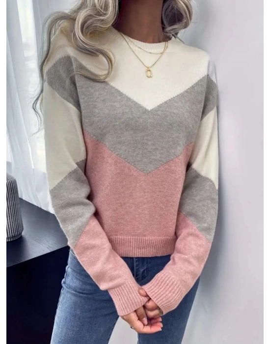 Kadın Uzun Kollu Bisiklet Yaka Renk Bloklu Triko Bluz