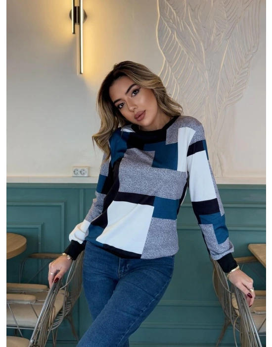 Kadın Uzun Kollu Bisiklet Yaka Renkli Blok Baskı Dalgıç Bluz