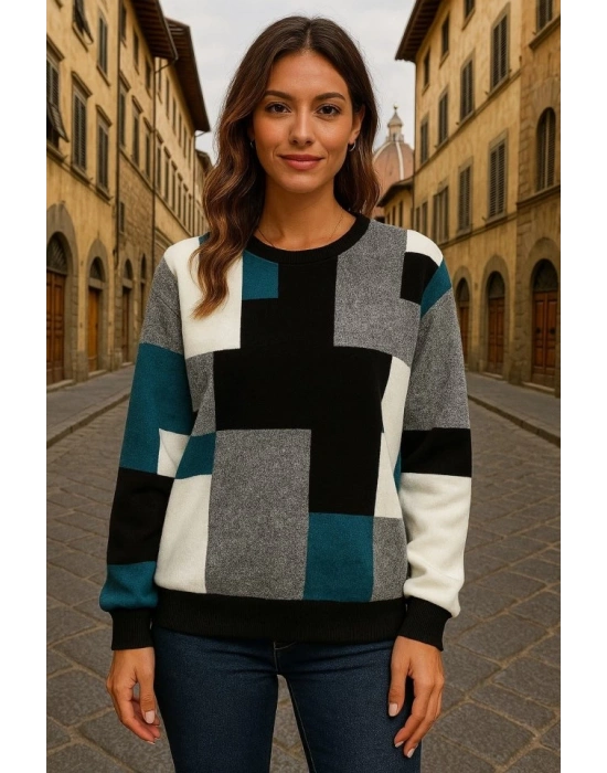 Kadın Uzun Kollu Bisiklet Yaka Renkli Blok Baskı Dalgıç Bluz