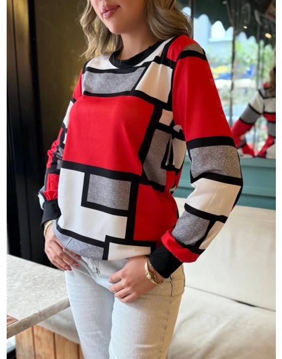 Kadın Uzun Kollu Bisiklet Yaka Renkli Blok Baskı Dalgıç Bluz