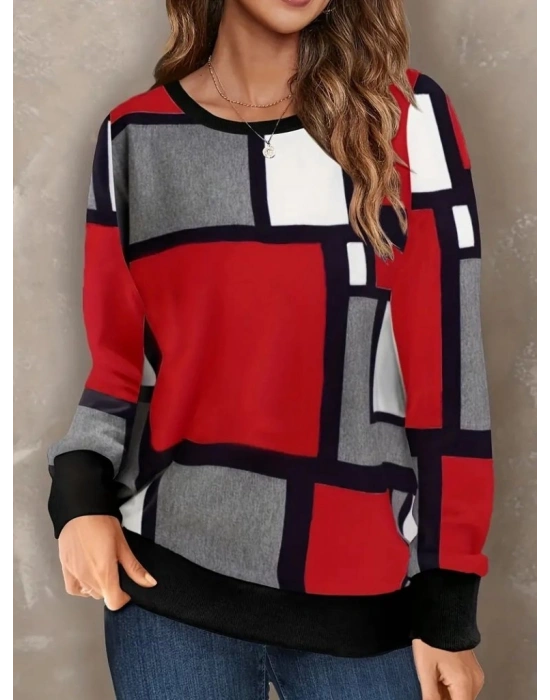 Kadın Uzun Kollu Bisiklet Yaka Renkli Blok Baskı Dalgıç Bluz
