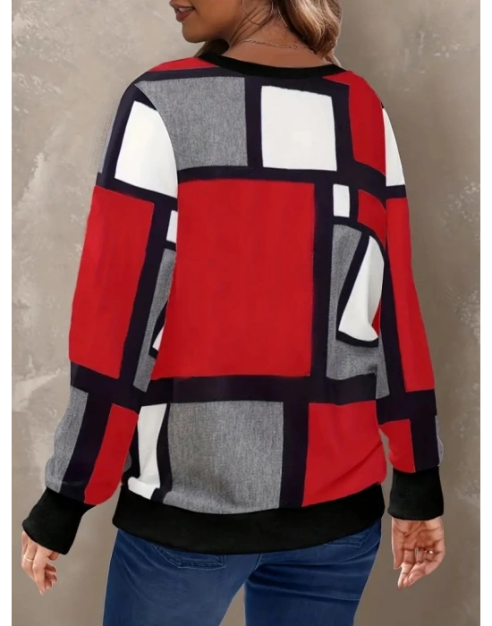 Kadın Uzun Kollu Bisiklet Yaka Renkli Blok Baskı Dalgıç Bluz