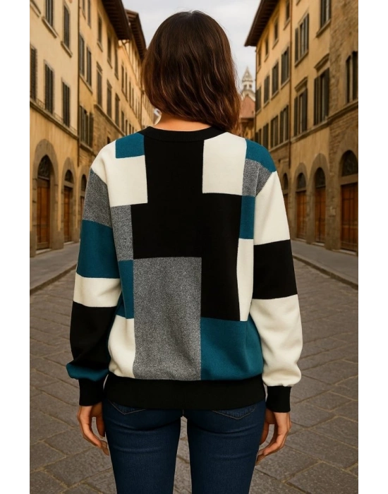 Kadın Uzun Kollu Bisiklet Yaka Renkli Blok Baskı Dalgıç Bluz