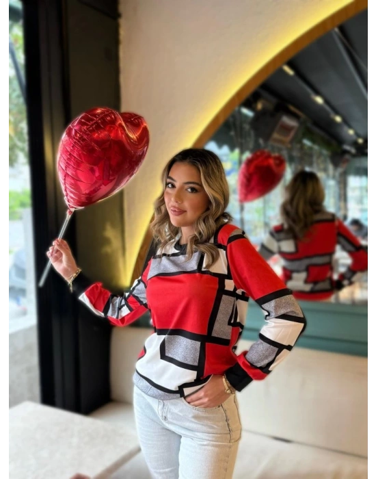 Kadın Uzun Kollu Bisiklet Yaka Renkli Blok Baskı Dalgıç Bluz