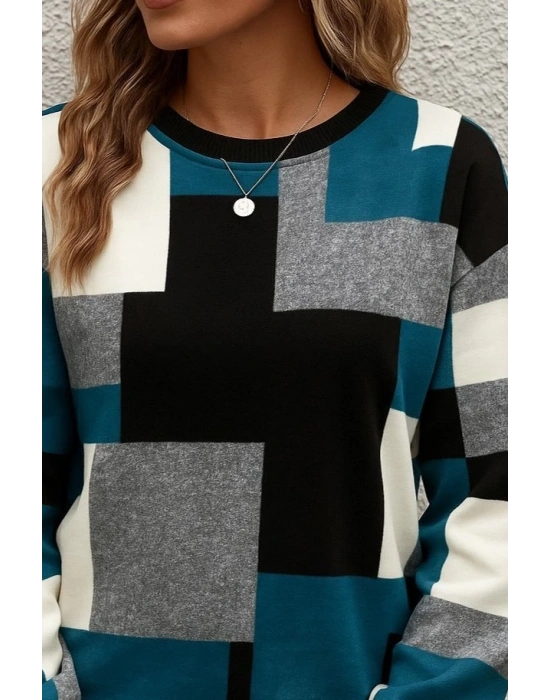 Kadın Uzun Kollu Bisiklet Yaka Renkli Blok Baskı Dalgıç Bluz