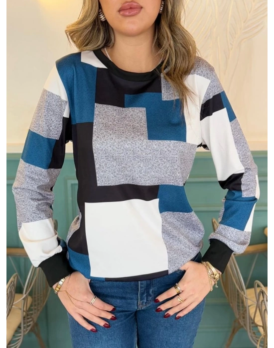 Kadın Uzun Kollu Bisiklet Yaka Renkli Blok Baskı Dalgıç Bluz