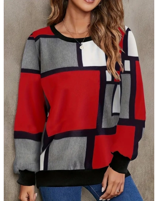 Kadın Uzun Kollu Bisiklet Yaka Renkli Blok Baskı Dalgıç Bluz