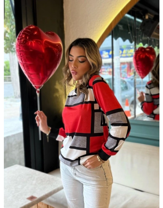 Kadın Uzun Kollu Bisiklet Yaka Renkli Blok Baskı Dalgıç Bluz