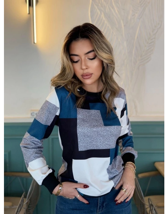 Kadın Uzun Kollu Bisiklet Yaka Renkli Blok Baskı Dalgıç Bluz