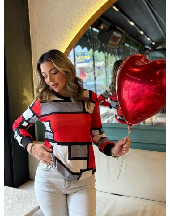 Kadın Uzun Kollu Bisiklet Yaka Renkli Blok Baskı Dalgıç Bluz