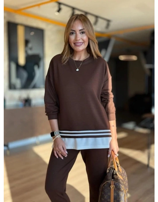 Kadın Uzun Kollu Bisiklet Yaka Ribana Detay weat Ve Pantolon Ikili Takım