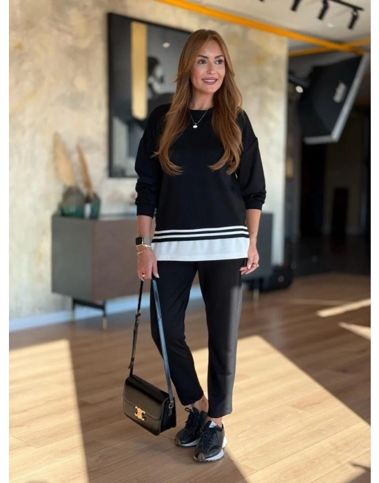 Kadın Uzun Kollu Bisiklet Yaka Ribana Detay weat Ve Pantolon Ikili Takım