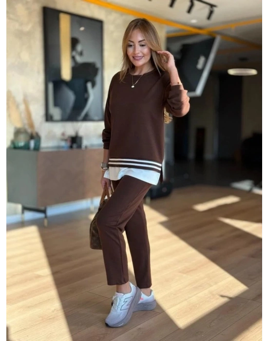 Kadın Uzun Kollu Bisiklet Yaka Ribana Detay weat Ve Pantolon Ikili Takım