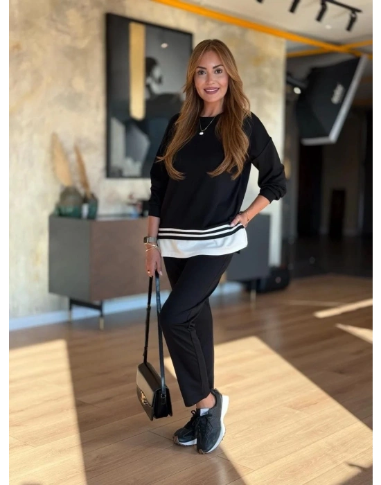 Kadın Uzun Kollu Bisiklet Yaka Ribana Detay weat Ve Pantolon Ikili Takım