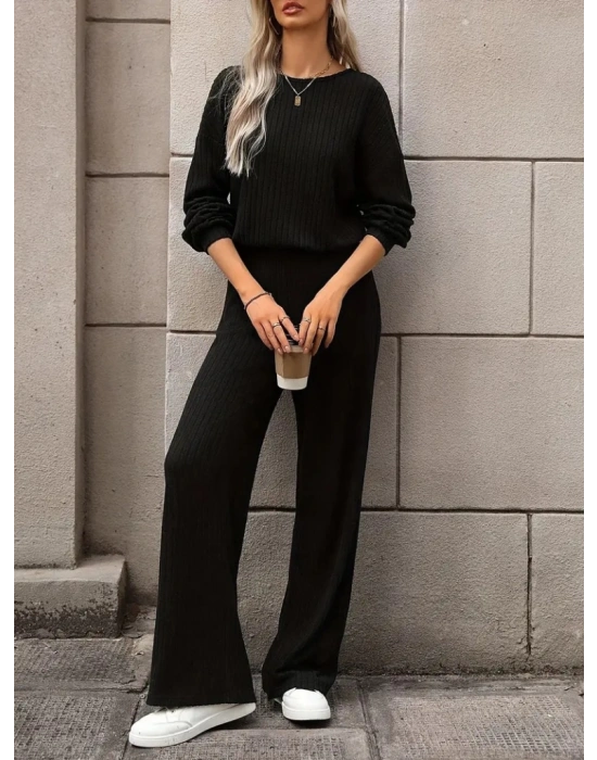 Kadın Uzun Kollu Bisiklet Yaka şardonlu Dalgıç Bluz Ve Pantolon Ikili Takım