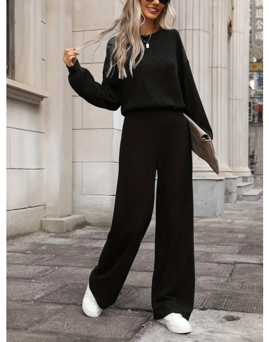 Kadın Uzun Kollu Bisiklet Yaka şardonlu Dalgıç Bluz Ve Pantolon Ikili Takım