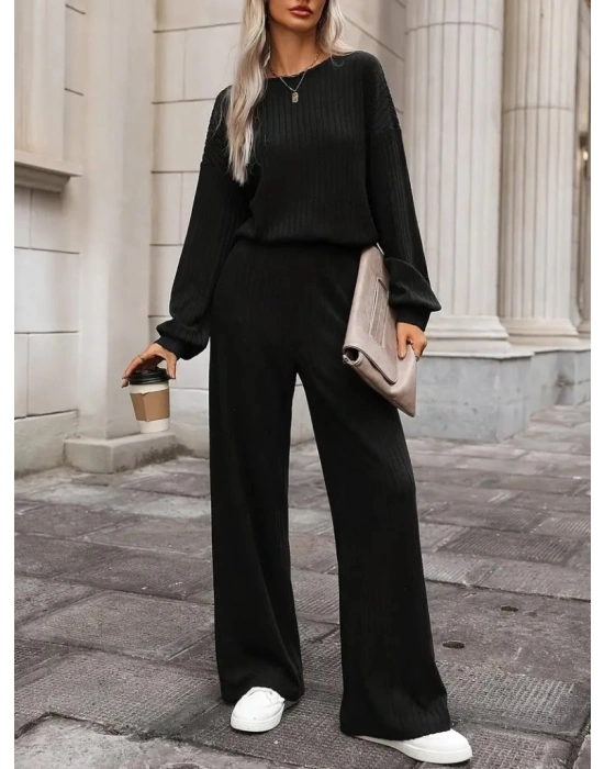 Kadın Uzun Kollu Bisiklet Yaka şardonlu Dalgıç Bluz Ve Pantolon Ikili Takım