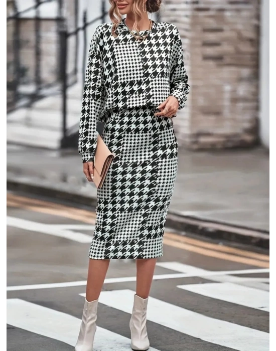 Kadın Uzun Kollu Bisiklet Yaka şardonlu Dalgıç Bluz Ve Yırtmaçlı Midi Etek Takım