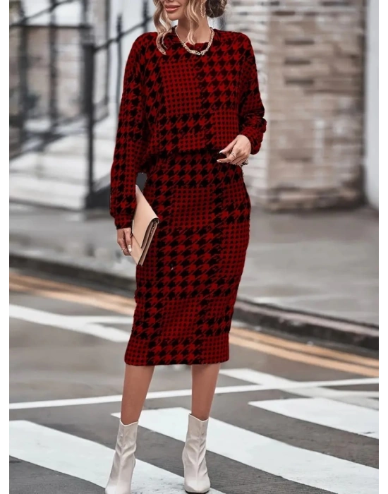 Kadın Uzun Kollu Bisiklet Yaka şardonlu Dalgıç Bluz Ve Yırtmaçlı Midi Etek Takım