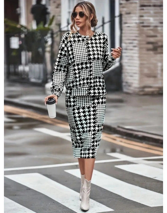 Kadın Uzun Kollu Bisiklet Yaka şardonlu Dalgıç Bluz Ve Yırtmaçlı Midi Etek Takım