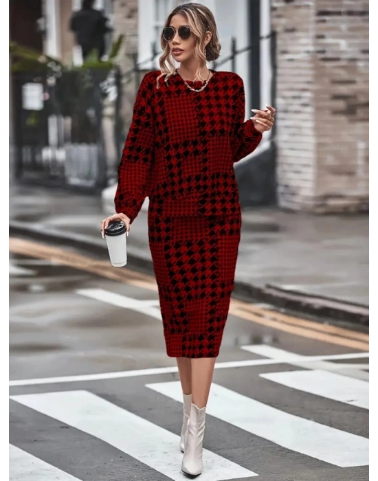 Kadın Uzun Kollu Bisiklet Yaka şardonlu Dalgıç Bluz Ve Yırtmaçlı Midi Etek Takım