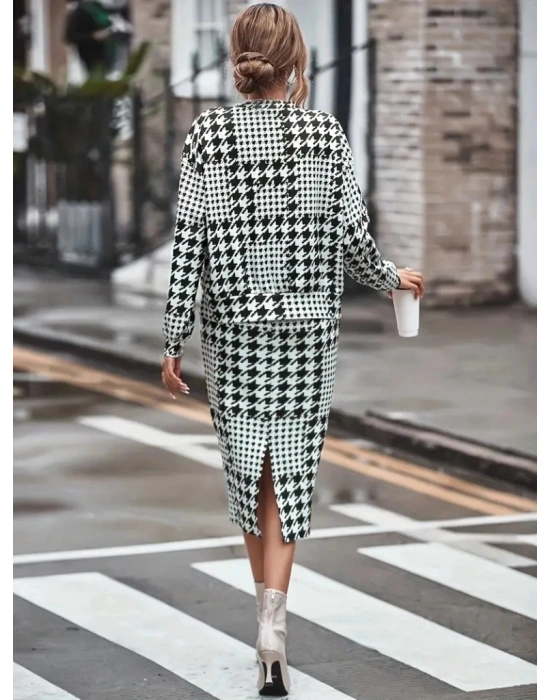 Kadın Uzun Kollu Bisiklet Yaka şardonlu Dalgıç Bluz Ve Yırtmaçlı Midi Etek Takım