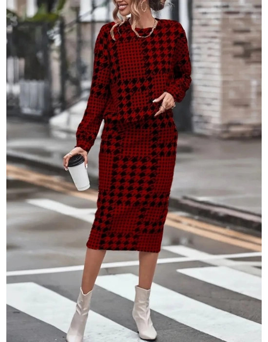 Kadın Uzun Kollu Bisiklet Yaka şardonlu Dalgıç Bluz Ve Yırtmaçlı Midi Etek Takım