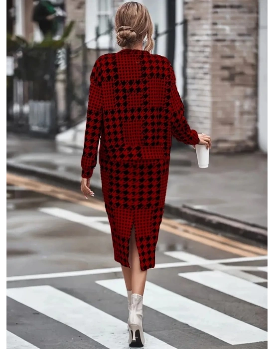 Kadın Uzun Kollu Bisiklet Yaka şardonlu Dalgıç Bluz Ve Yırtmaçlı Midi Etek Takım