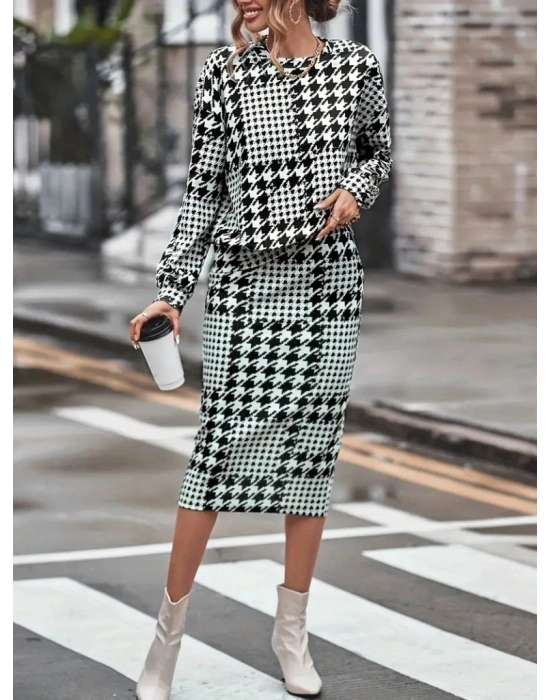 Kadın Uzun Kollu Bisiklet Yaka şardonlu Dalgıç Bluz Ve Yırtmaçlı Midi Etek Takım