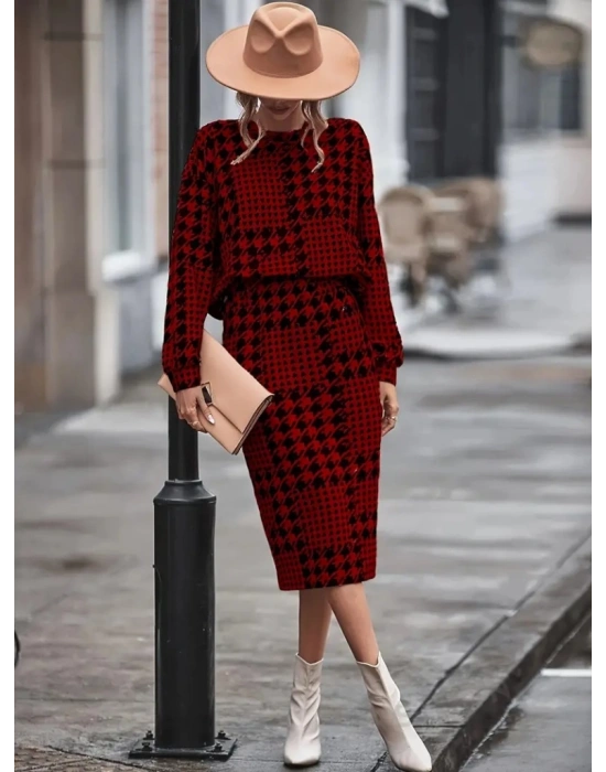 Kadın Uzun Kollu Bisiklet Yaka şardonlu Dalgıç Bluz Ve Yırtmaçlı Midi Etek Takım