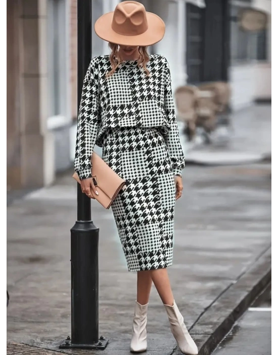 Kadın Uzun Kollu Bisiklet Yaka şardonlu Dalgıç Bluz Ve Yırtmaçlı Midi Etek Takım