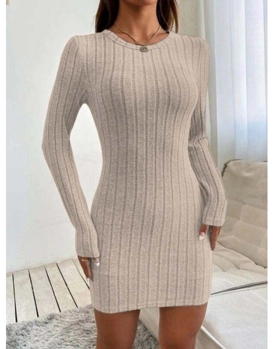Kadın Uzun Kollu Bisiklet Yaka şardonlu Kalın Fitilli Kaşkorse Mini Boy Elbise