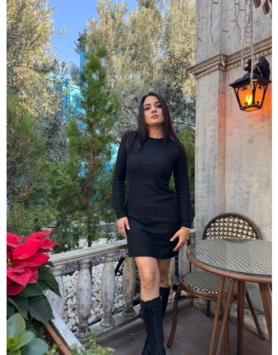 Kadın Uzun Kollu Bisiklet Yaka şardonlu Kalın Fitilli Kaşkorse Mini Boy Elbise