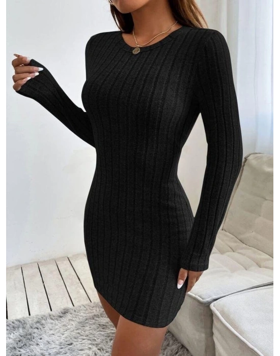 Kadın Uzun Kollu Bisiklet Yaka şardonlu Kalın Fitilli Kaşkorse Mini Boy Elbise