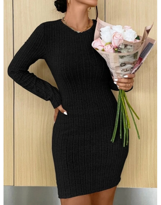 Kadın Uzun Kollu Bisiklet Yaka şardonlu Kalın Fitilli Kaşkorse Mini Boy Elbise