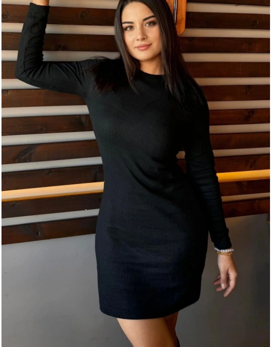 Kadın Uzun Kollu Bisiklet Yaka şardonlu Kalın Fitilli Kaşkorse Mini Boy Elbise