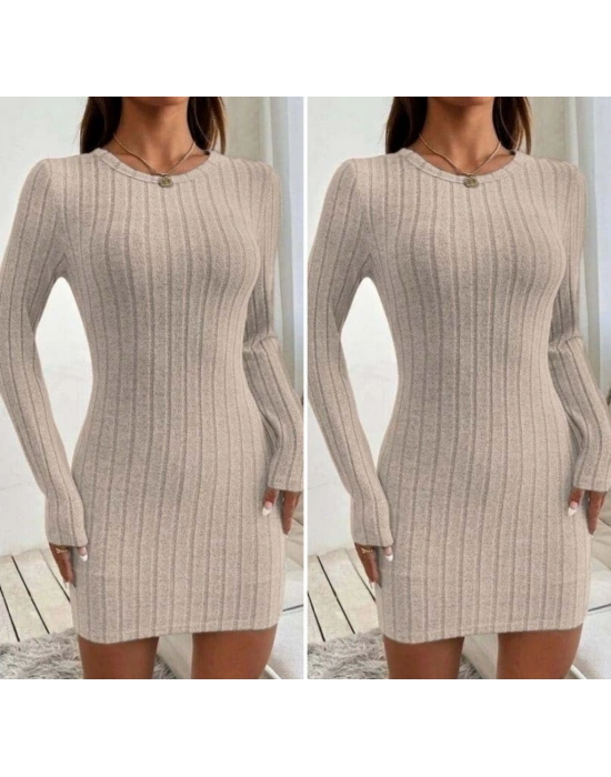 Kadın Uzun Kollu Bisiklet Yaka şardonlu Kalın Fitilli Kaşkorse Mini Boy Elbise