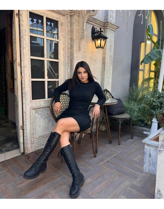 Kadın Uzun Kollu Bisiklet Yaka şardonlu Kalın Fitilli Kaşkorse Mini Boy Elbise