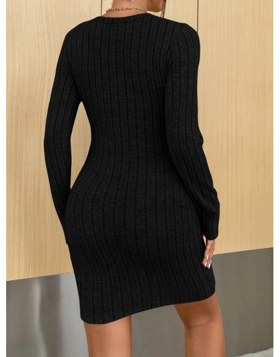 Kadın Uzun Kollu Bisiklet Yaka şardonlu Kalın Fitilli Kaşkorse Mini Boy Elbise