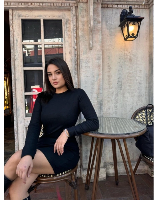 Kadın Uzun Kollu Bisiklet Yaka şardonlu Kalın Fitilli Kaşkorse Mini Boy Elbise