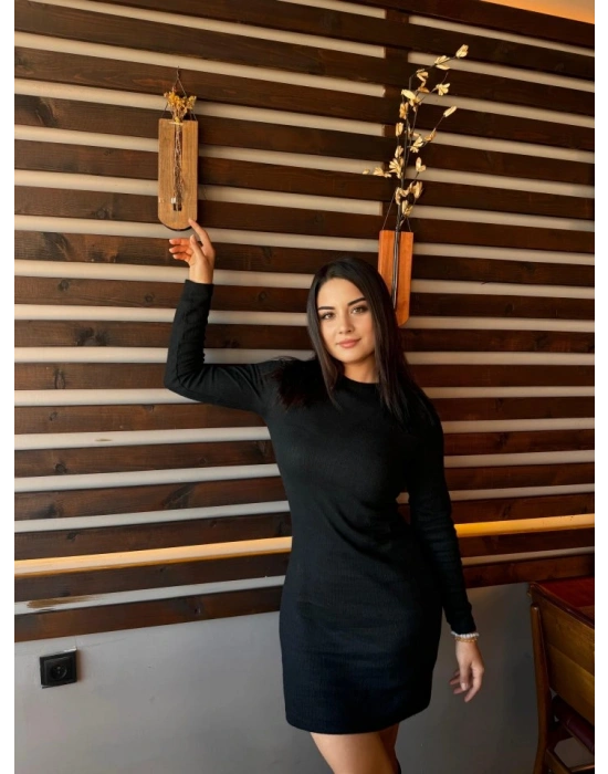 Kadın Uzun Kollu Bisiklet Yaka şardonlu Kalın Fitilli Kaşkorse Mini Boy Elbise