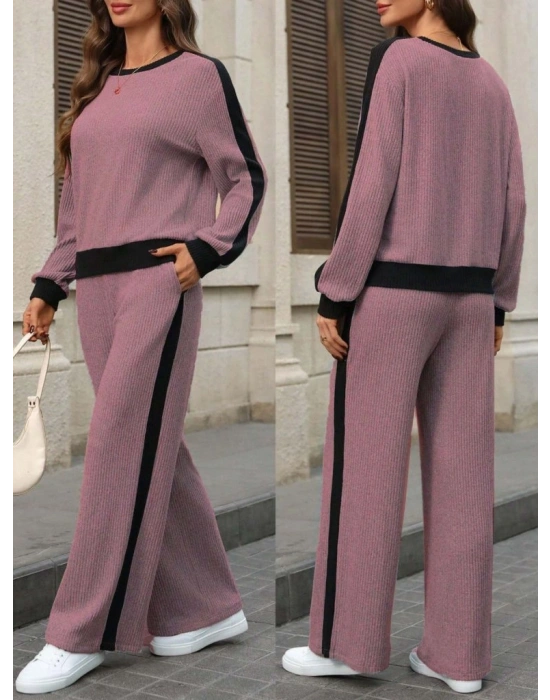 Kadın Uzun Kollu Bisiklet Yaka şardonlu Kaşkorse Bluz Ve Pantolon Ikili Takım