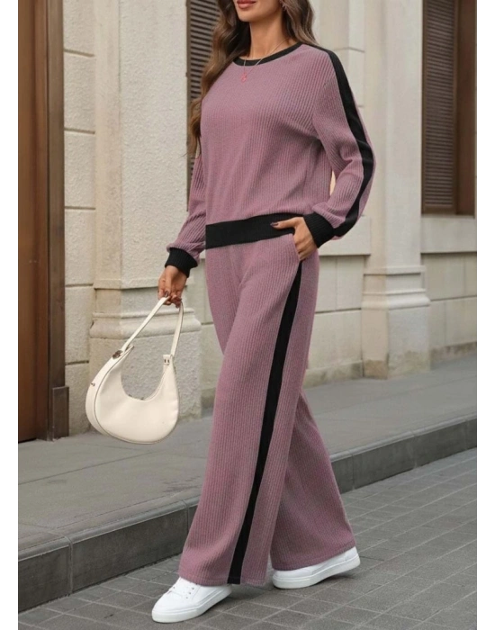 Kadın Uzun Kollu Bisiklet Yaka şardonlu Kaşkorse Bluz Ve Pantolon Ikili Takım