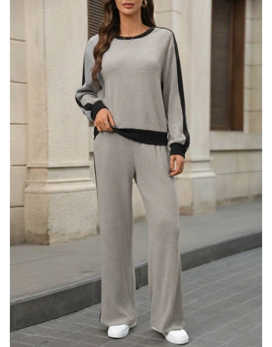 Kadın Uzun Kollu Bisiklet Yaka şardonlu Kaşkorse Bluz Ve Pantolon Ikili Takım