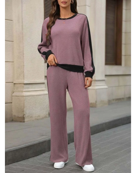 Kadın Uzun Kollu Bisiklet Yaka şardonlu Kaşkorse Bluz Ve Pantolon Ikili Takım