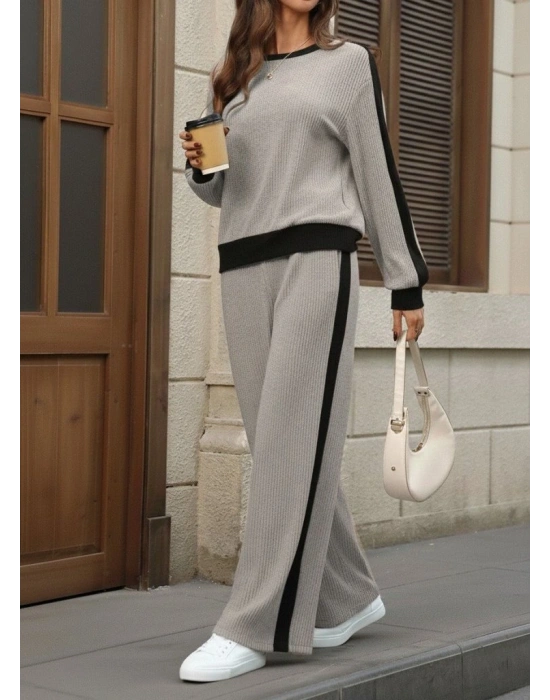 Kadın Uzun Kollu Bisiklet Yaka şardonlu Kaşkorse Bluz Ve Pantolon Ikili Takım