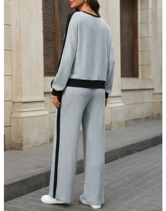 Kadın Uzun Kollu Bisiklet Yaka şardonlu Kaşkorse Bluz Ve Pantolon Ikili Takım