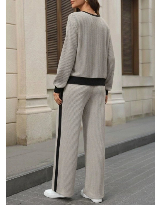 Kadın Uzun Kollu Bisiklet Yaka şardonlu Kaşkorse Bluz Ve Pantolon Ikili Takım