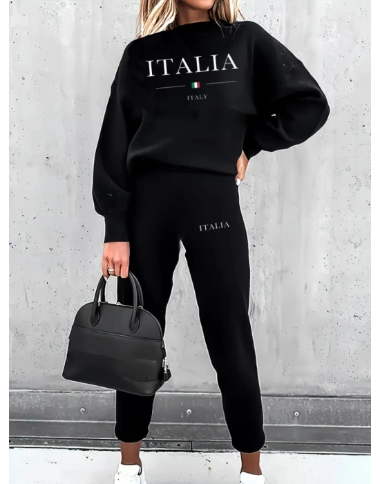 Kadın Uzun Kollu Bisiklet Yaka şardonlu üç Iplik Bluz Ve Pantolon Ikili Takım