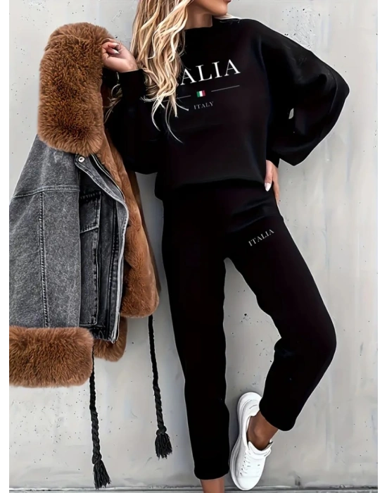 Kadın Uzun Kollu Bisiklet Yaka şardonlu üç Iplik Bluz Ve Pantolon Ikili Takım